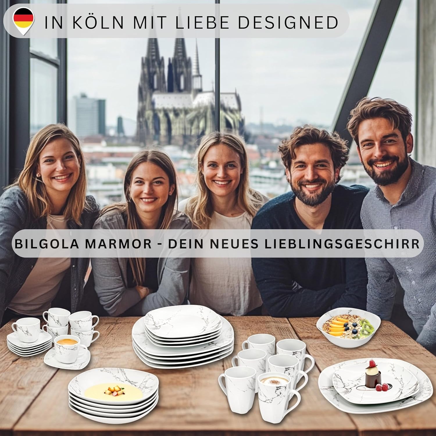 SÄNGER | Set de veselă combinat Bilgola din marmură, set de veselă cu 36 de piese pentru 6 persoane, cu farfurii de cină, farfurii de desert, farfurii de sumă, boluri pentru cereale, farfurii de cafea și farfurioare din porțelan, pătrat | COLECȚIA PREMIUM