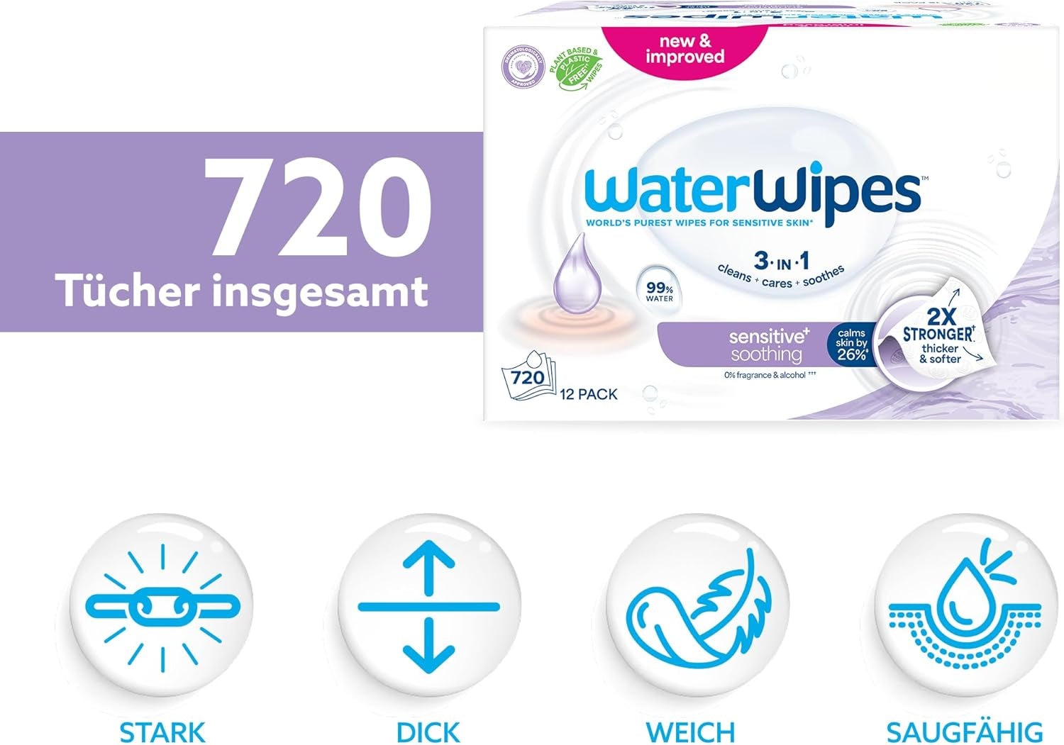 WaterWipes Sensitive+ Soothing Clean Mokre chusteczki, 720 sztuk (12 szt.), 3 w 1 oczyszczające, pielęgnacyjne i łagodzące, 99% wody z ekstraktem roślinnym, bezzapachowe chusteczki nawilżane dla dzieci