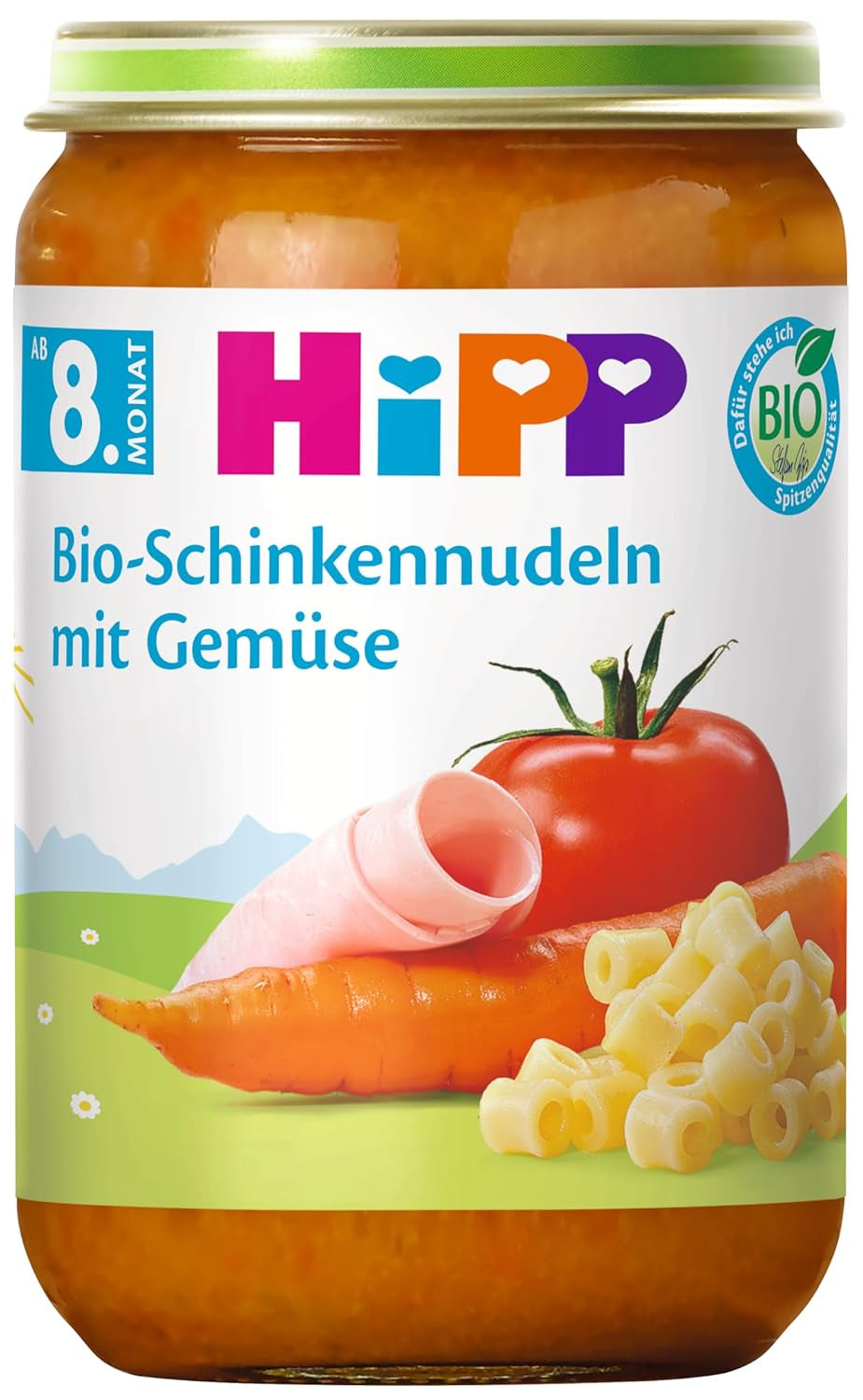 HiPP Bio-Schinkennudeln mit Gemüse (6 x 220g), Menu dla dziecka od 8. miesiąca, ohne Salzzusatz, mit Omega-3, w najlepszej jakości biologicznej