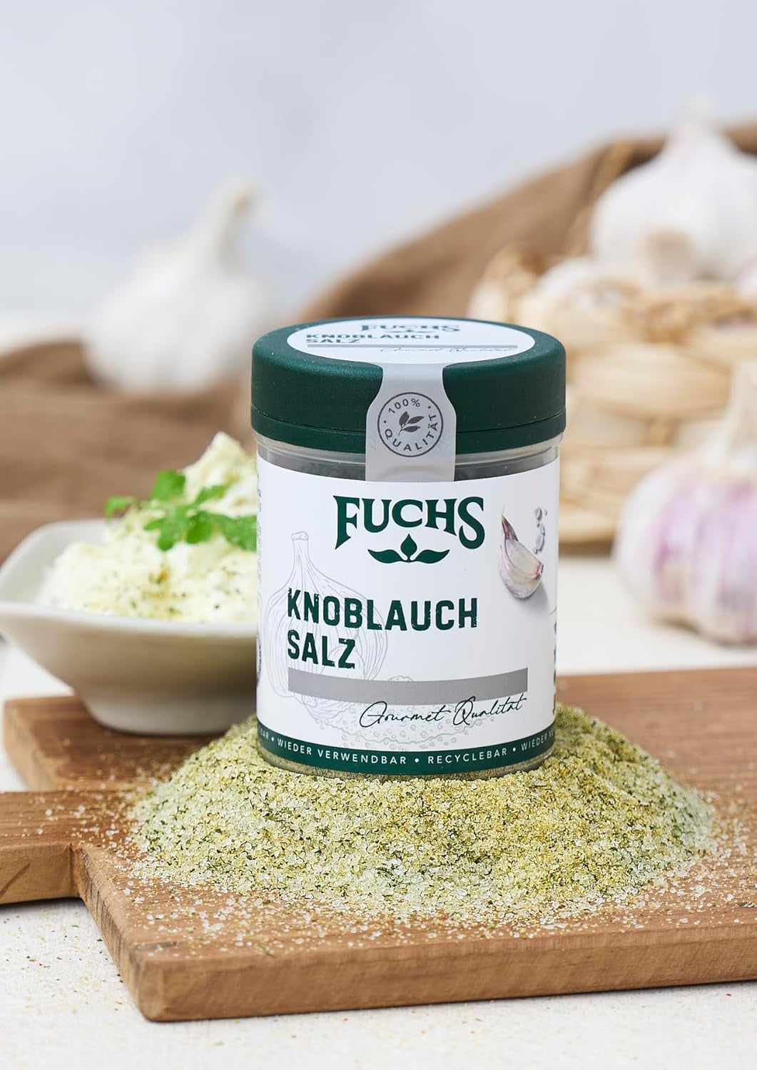 Fuchs Gewürze - Knoblauchsalz - Gewürzsalz für Dips, Saucen und Gemüse - naturalne składniki - 90 g w wiederverwendbarer, recyclebarer Dawka