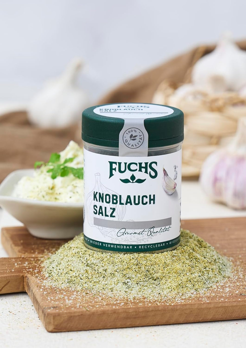 Fuchs Gewürze - Knoblauchsalz - Gewürzsalz für Dips, Saucen und Gemüse - naturalne składniki - 90 g w wiederverwendbarer, recyclebarer Dawka