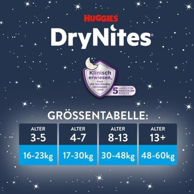 Huggies DryNites Super chłonne pieluchy na noc dla dziewczynek 4-7 lat, 4 x 16 pieluch majtkowych (64 sztuki), opakowanie miesięczne