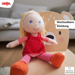 Păpușa moale HABA Annelie – Păpușă moale cu păr aranjat – Cu haine interschimbabile – De la 18 luni – 30 cm – Lavabilă – 1302108001