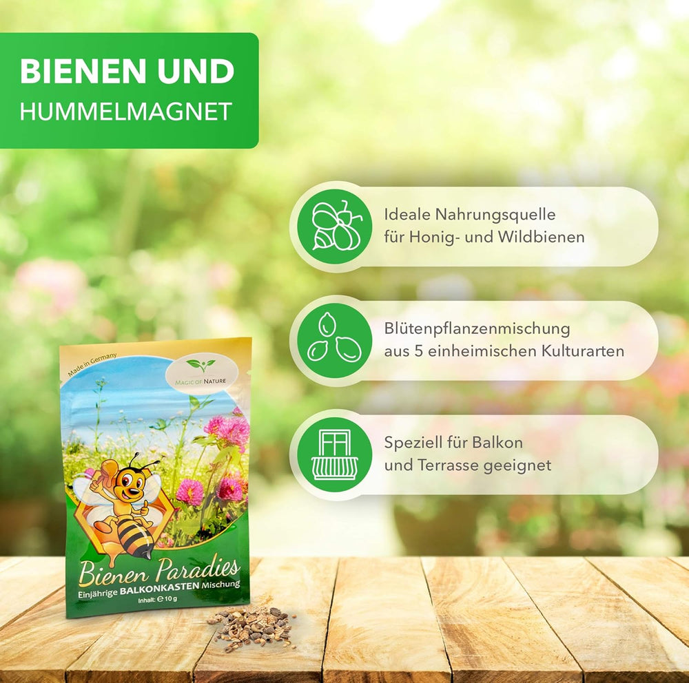 Mieszanka balkonowa Magic of Nature - 10 g nasion - Rośliny przyjazne dla pszczół - Łatwy w użyciu - Pszczeli raj - 5 rodzimych gatunków uprawnych - Nadaje się do skrzynek i donic na kwiaty