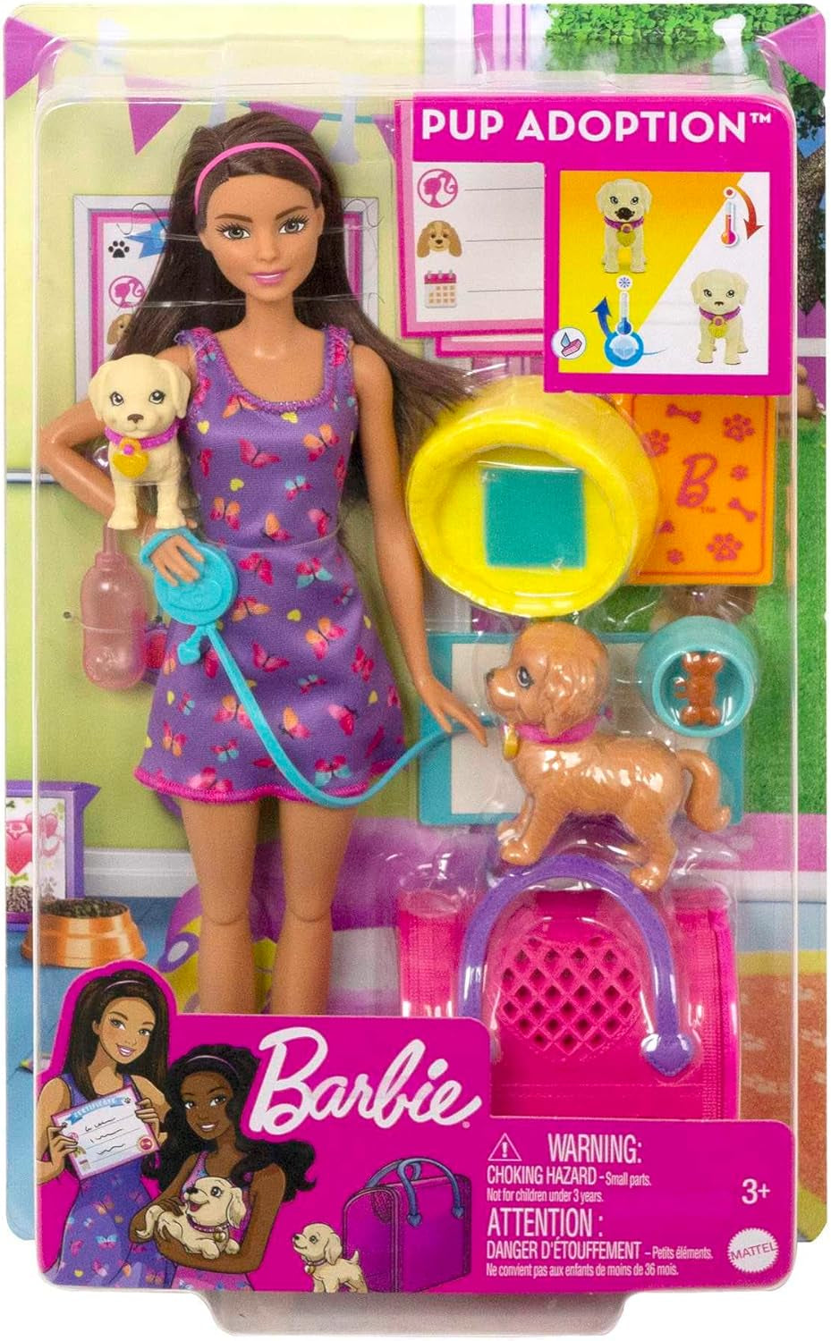 Adopție Cățeluș Barbie - Păpușă și 2 căței, cu certificate de adopție, efect de schimbare a culorii, cușcă și accesorii, pentru copii cu vârsta de 3 ani și peste, 86 HKD