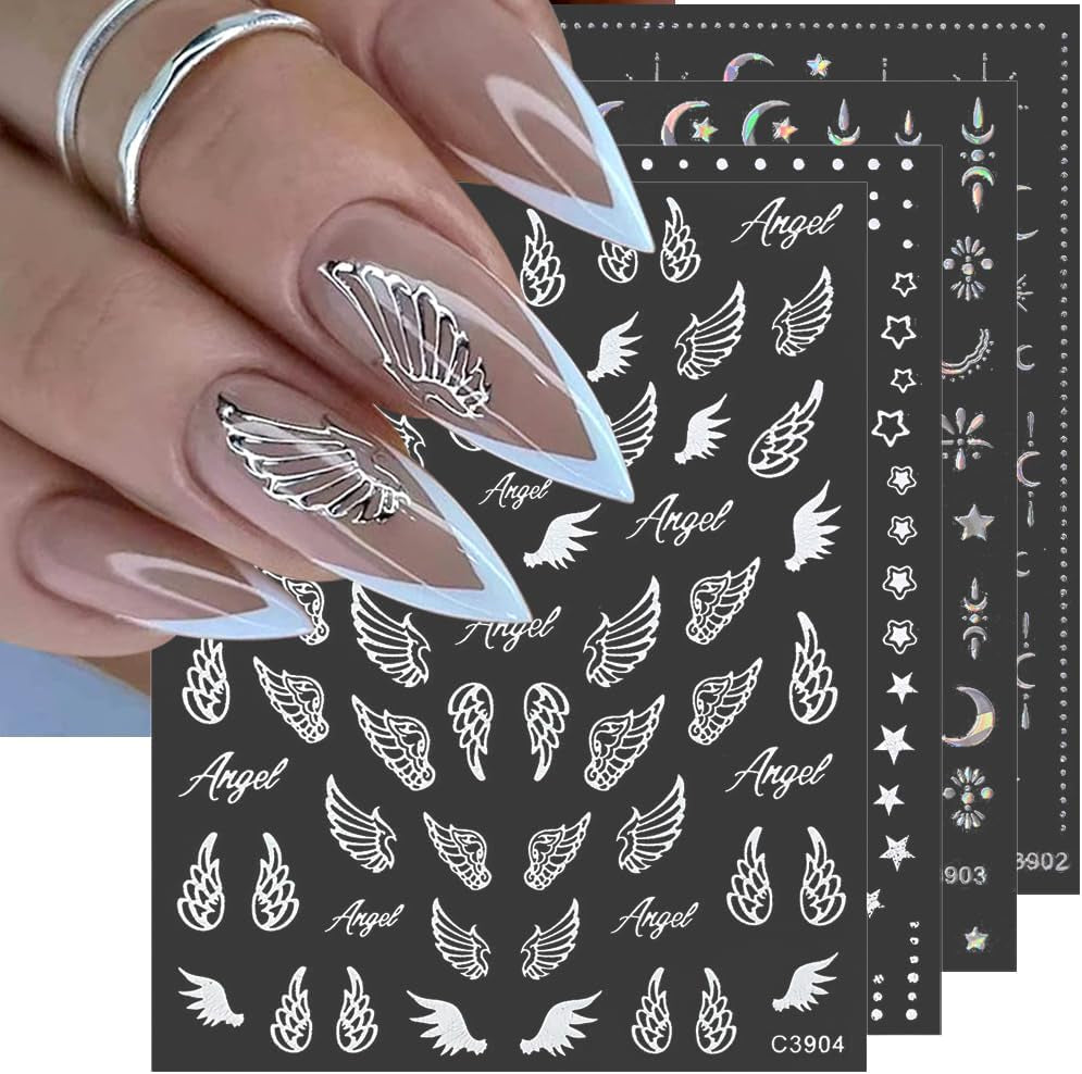 8 coli de autocolante pentru unghii cu stele și lună aurie, aripi de înger, autocolante pentru unghii bronzante, aurii, stele, folie de unghii, autocolante autoadezive pentru unghii, accesorii pentru design unghii, autocolante pentru unghii