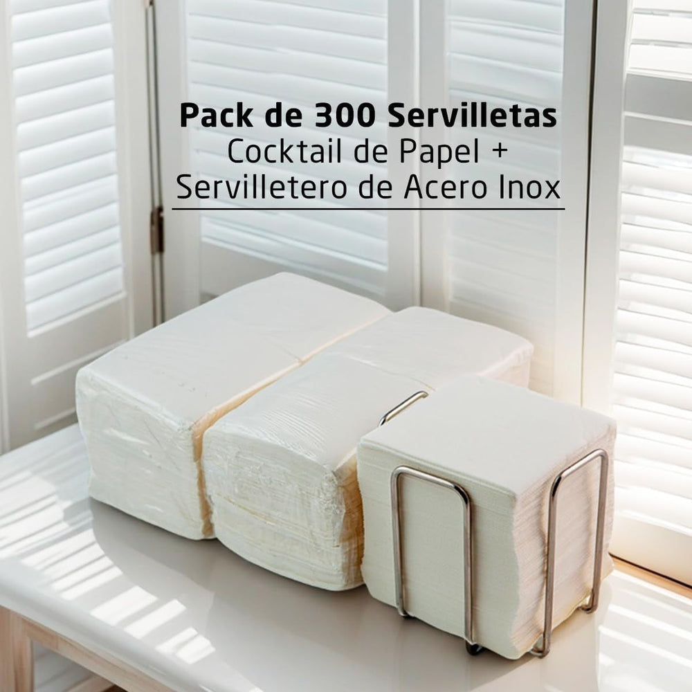 Pachet de 300 de șervețele de hârtie albă pentru cocktail + suport de șervețele din oțel inoxidabil, textură cu micropuncte, groase și absorbante, 10 X 10 cm, pliate împreună
