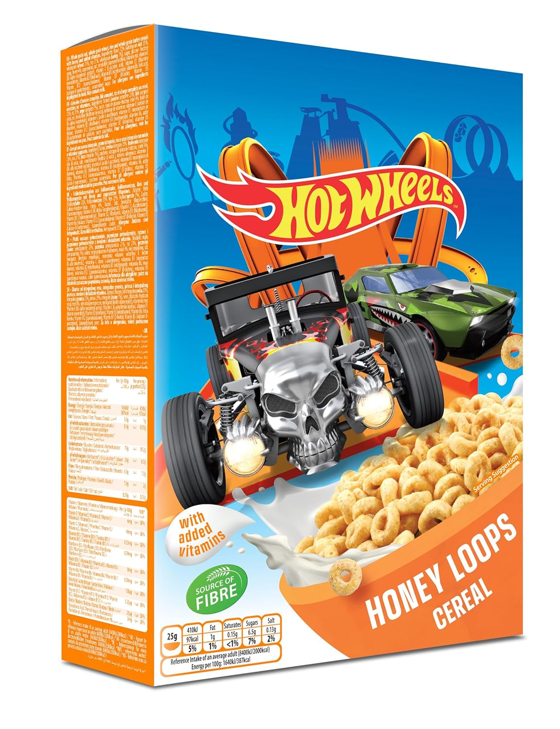 Hot Wheels Honey Loops Chrupiące pełnoziarniste płatki śniadaniowe z dodatkiem witamin, 1 opakowanie (1 x 375 g)