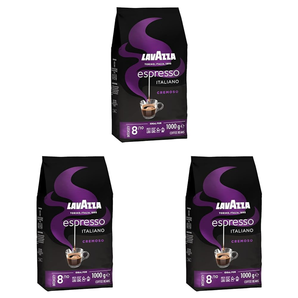 Lavazza Espresso, kawa ziarnista do ekspresów, zrównoważony i aromatyczny smak owoców i kwiatów, 100% organiczna Arabika i Robusta Kawa Naty Shop 3 x 1 Kg Cremoso