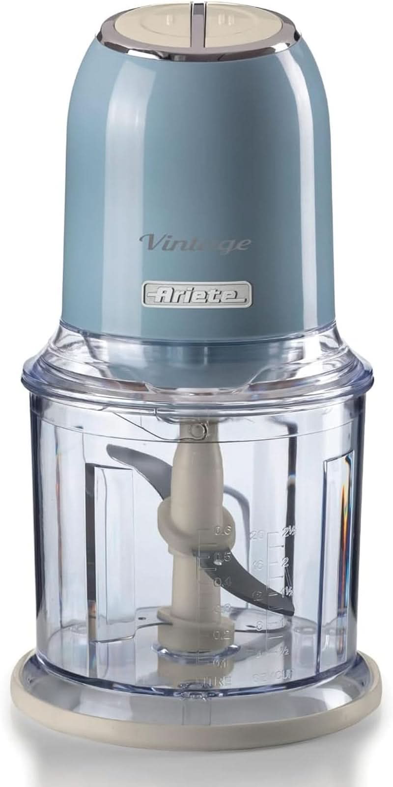 Ariete Vintage 438, Retro Elektrischer Gemüse- Und Ice-Crusher Mit 2 Geschwindigkeitsstufen, 4 Edelstahlklingen, Rutschfesten Standüßen, 600 Ml Fassungsvermögen, 400W, Beżowy Matka i Dziecko Naty Shop Hellblau