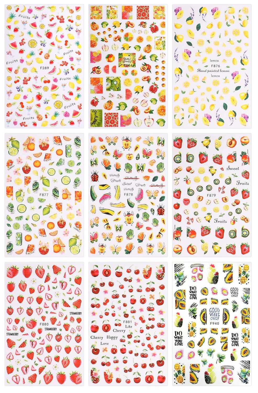 JMEOWIO Nagelsticker Sommer Frucht 9 Blatt Nail Art Sticker Selbstklebend Nagelaufkleber Zitronen Dekoration Nageldesign Zubehör