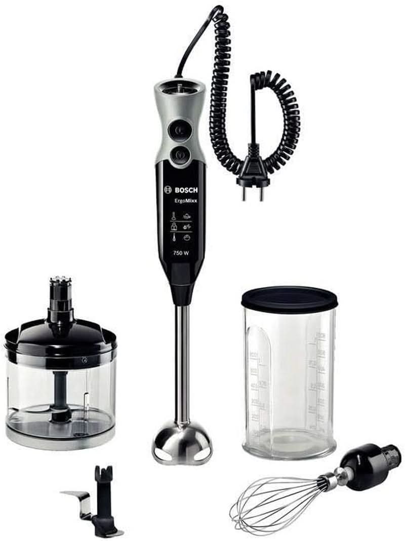 Bosch Stabmixer Ergomixx MSM67170, Edelstahl-Mixfuß, Universalzerkleinerer, Mix- Und Messbecher, Schneebesen, Ice-Crush-Klinge, Leichtes Gehäuse, 12 Stufen plus Turbostufe, 750 W, Schwarz/Grau Kitchen Naty Shop