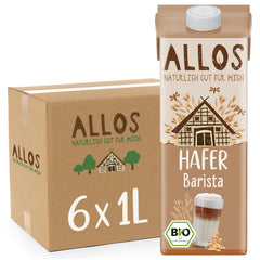 Allos Bio Haferdrink Barista | Milchalternative aus Hafer | Schaumbarer Drink auf Pflanzenbasis | Idealny do kawy Napój wegański, bez laktozy | 1 litr (6 sztuk)
