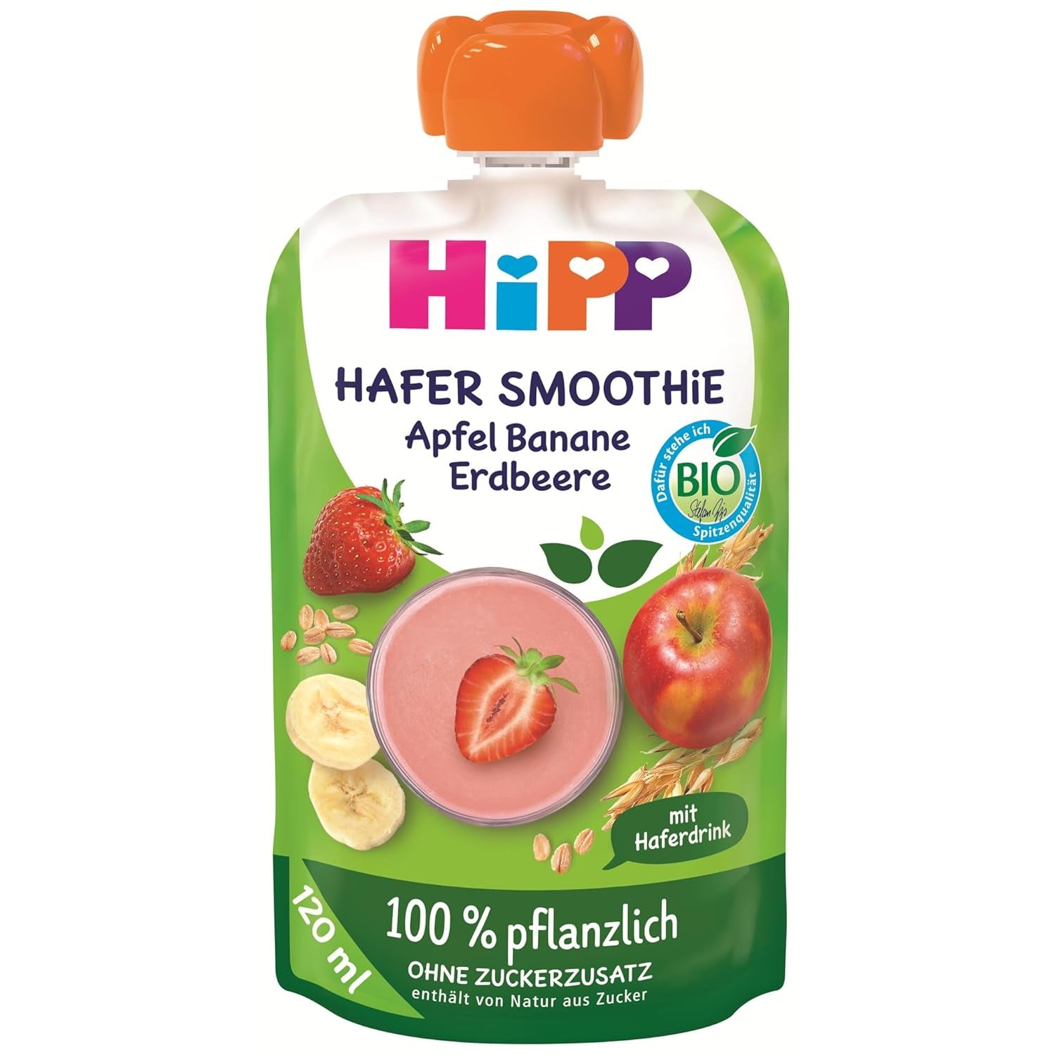 HiPP Bio Quetschie Hafer Smoothie Apfel Banana Erdbeere mit Haferdrink (6 x 120ml), ab 1 Jahr, 100% pflanzlich, ohne Zuckerzusatz, wegańskie, w najlepszej jakości biologicznej