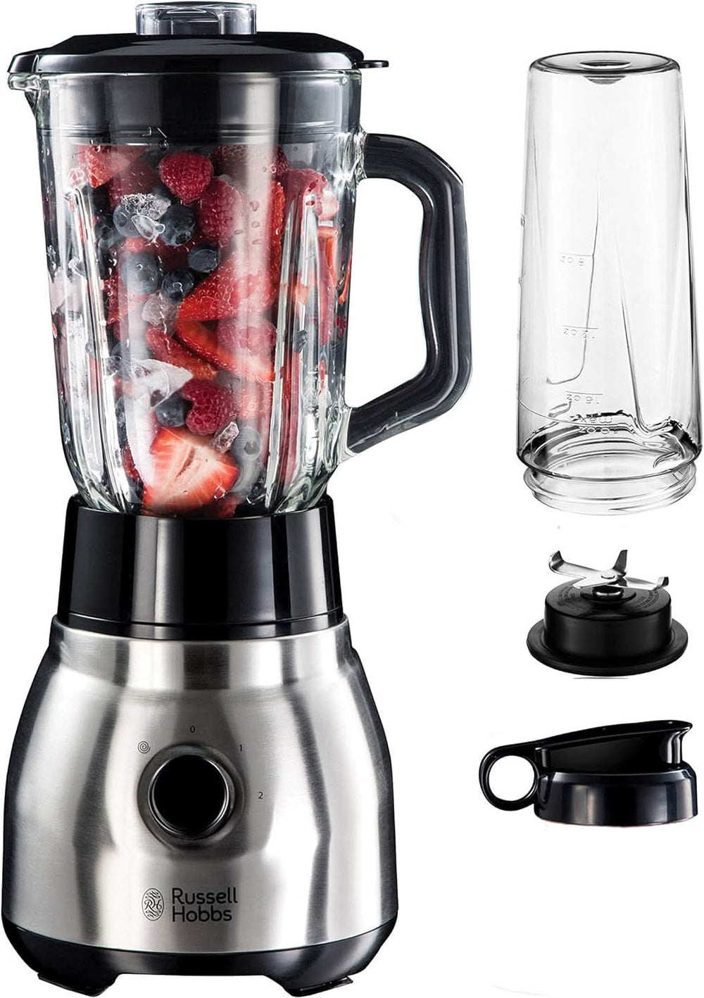 Mikser stojący Russell Hobbs 2 w 1 [mikser do glazury o pojemności 1,5 l i mini-automat do smoothie o pojemności 0,6 l -Trinkflasche na wynos Inkl. Deckel] Spülmaschinenfest, funkcja impulsu/kruszenia lodu, Becher BPA Frei, Edelstahl 23821-56 Kitchen Naty Shop mikser stojący 2 w 1