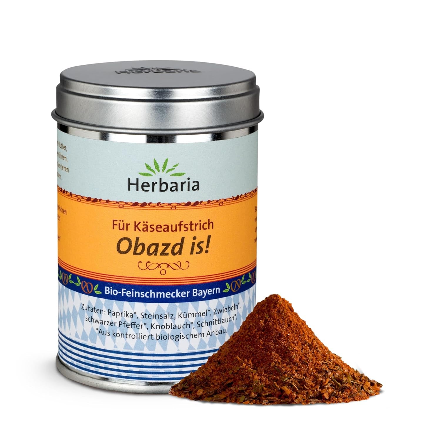 Herbaria Obazd jest! bio 90g M-Dose – Bio-Gewürzmischung bayerischen Biergartenklassiker Obazda – dla Brotaufstriche, Käsegerichte, Käsefondue – Raclette Gewürz - w nachhaltiger Aromaschutz-Dose