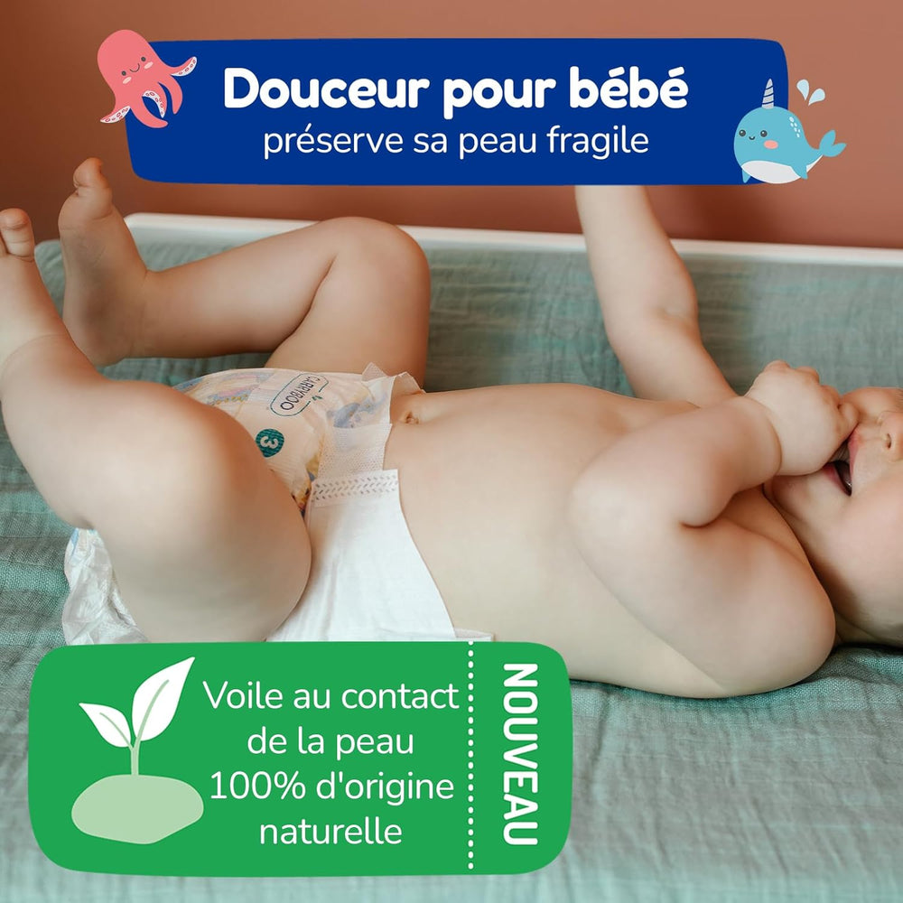 - Rozmiar pieluszki 4 (7 – 18 kg) – dla skóry wrażliwej – naturalny i bardzo chłonny – 12 godzin szczelności – ohne unerwünschte Inhaltsstoffe – wyprodukowano we Francji – 132 pieluszki