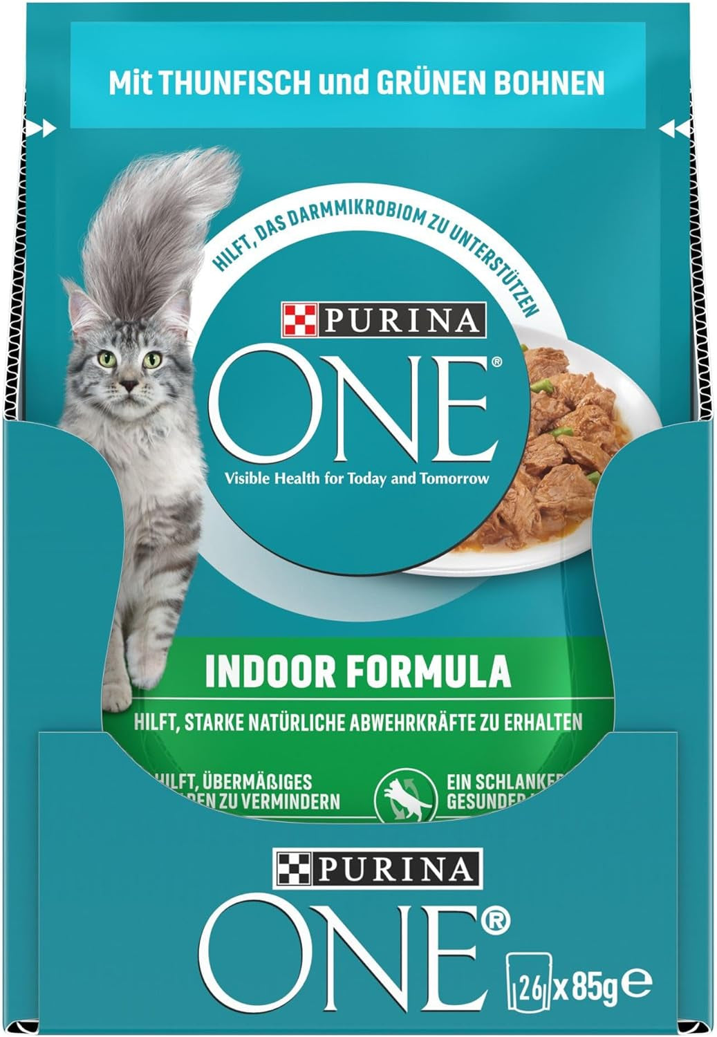 Hrană umedă pentru pisici PURINA ONE Indoor Formula, bucăți fragede în sos pentru pisici de casă, cu ton, pachet de 26 (26 x 85g)