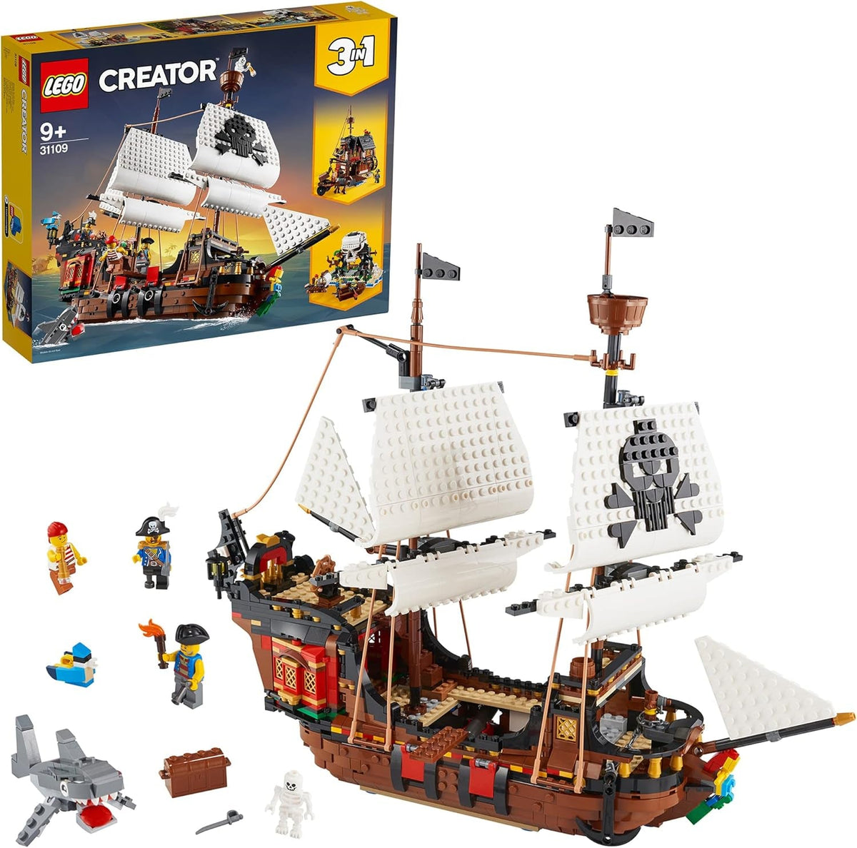 LEGO Creator Zestaw statku pirackiego 3 w 1, zabawka z 3 możliwościami budowania, zbuduj piracką tawernę lub wyspę piratów Czaszki, zawiera 3 minifigurki do odgrywania ról 31109 Zestawy do budowania Zobacz standardowe opakowanie LEGO-Store