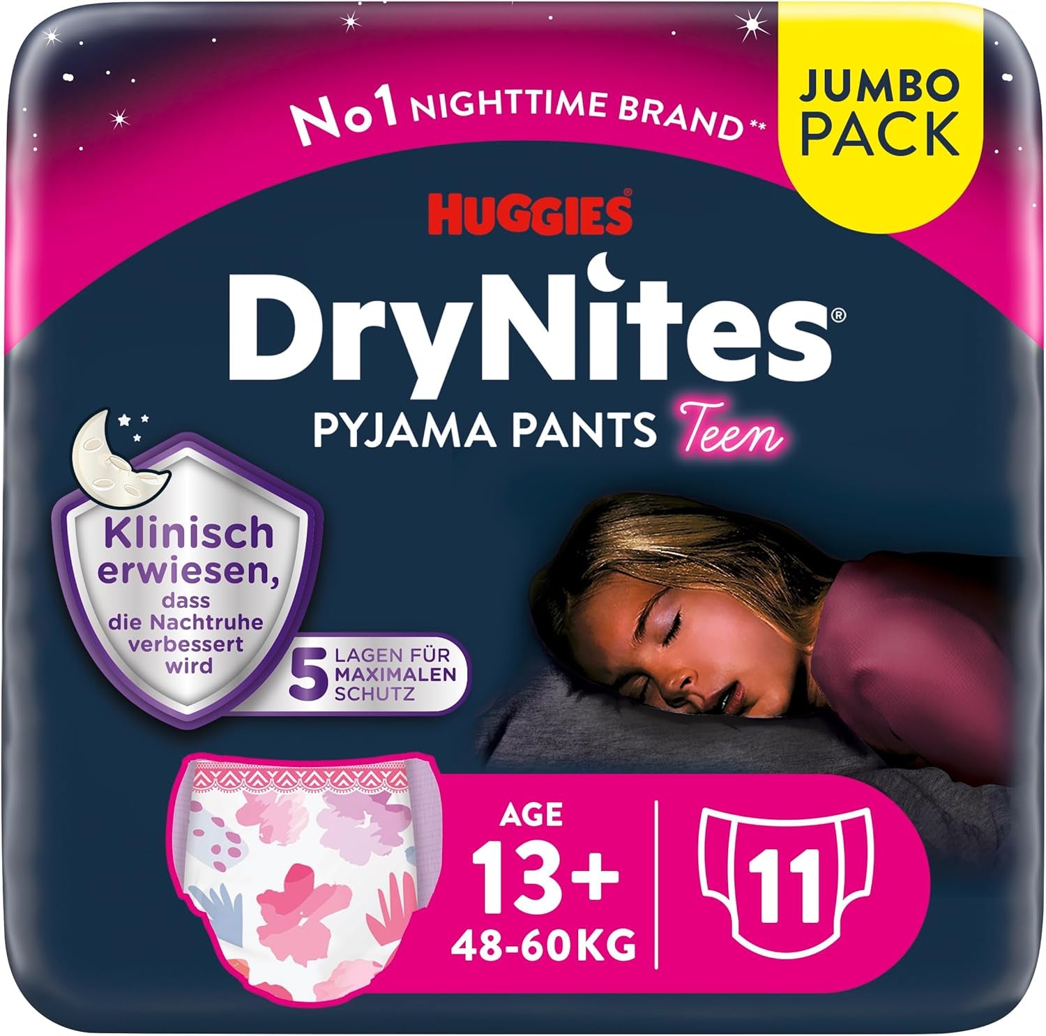 Huggies DryNites Nocne pieluszki do moczenia nocnego dla dziewczynek 13–około 17 lat (48–60 kg) 33 szt. (3 x 11) Duże miesięczne opakowanie XL Majtki pieluszkowe