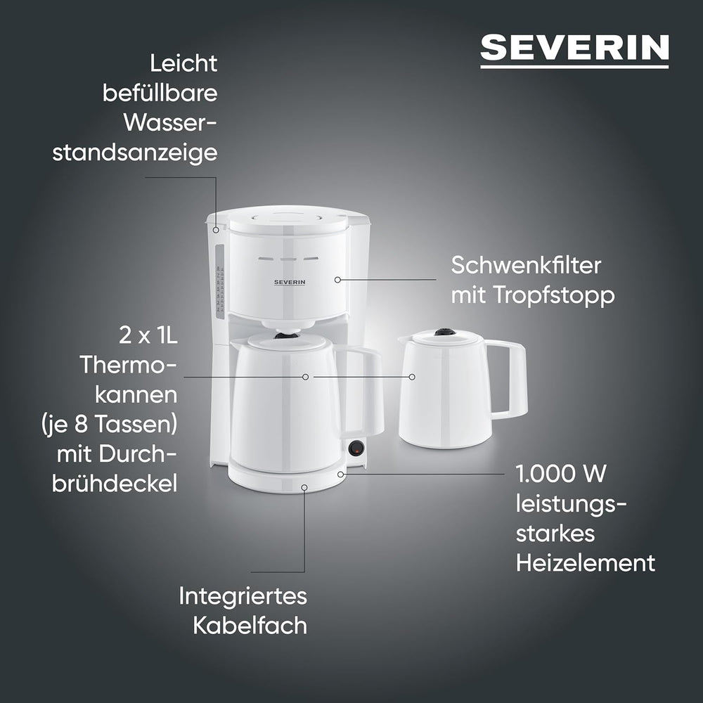 Espressor Severin cu filtru și 2 carafe termice, espressor cu capac, turnare fără picurare, menținere lungă a temperaturii, oprire automată, 1000 W, aprox. 1 litru, alb, KA 9309