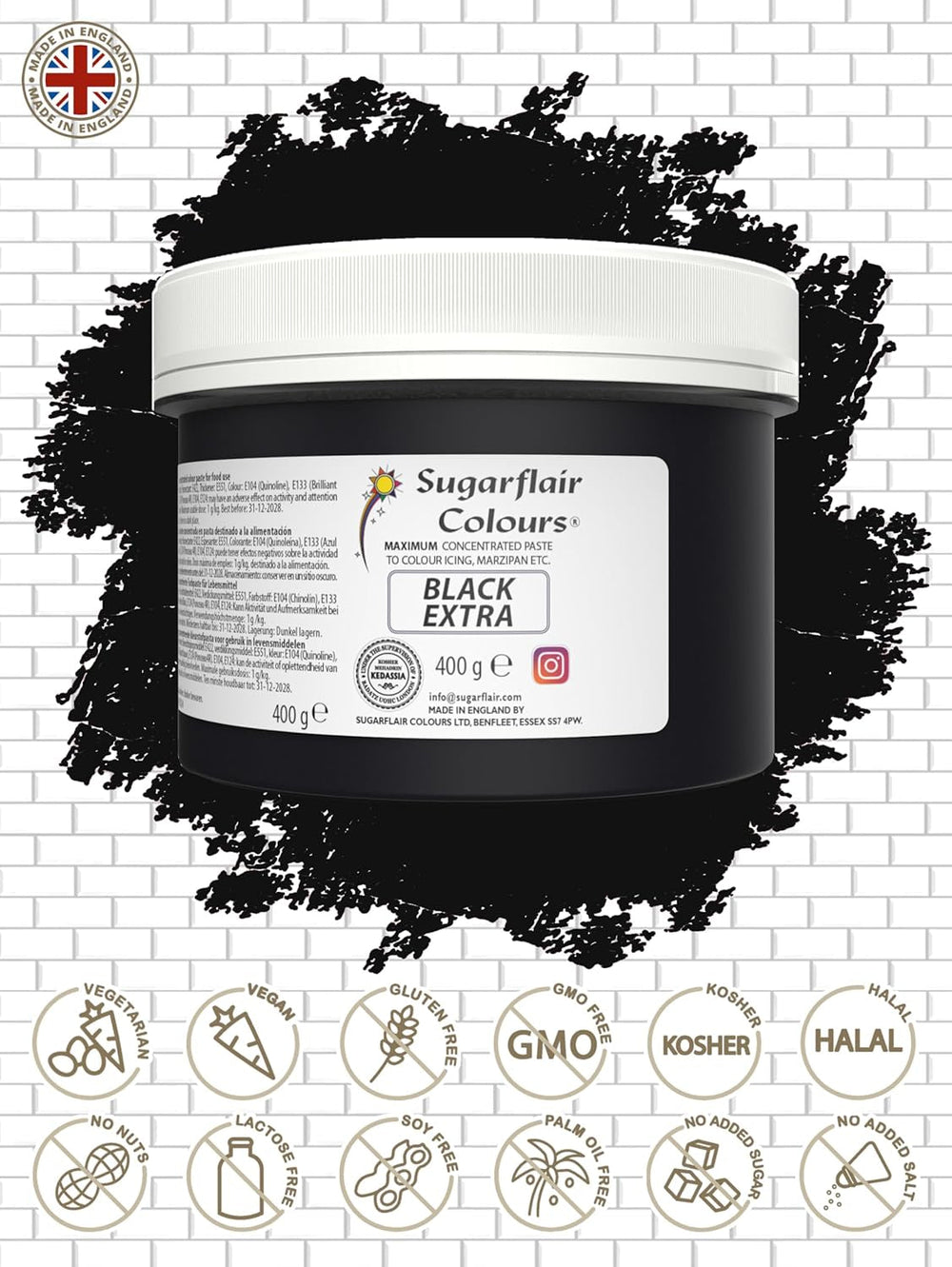 Colorant alimentar Sugarflair Max Concentrated Black, colorant alimentar foarte concentrat pentru marțipan și fondant, colorant pastă Max Concentrate - 400 g