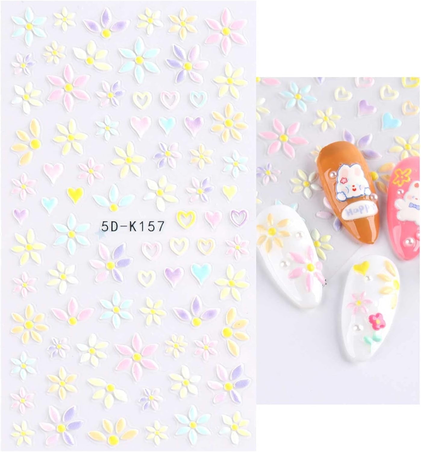 JMEOWIO 3D Nagelsticker Frühling Blumen 5 Blatt Nagelaufkleber 5D Stereoskopisch Selbstklebend Bunte Blüte Nail Art Sticker Dekoration Nageldesign Zubehör