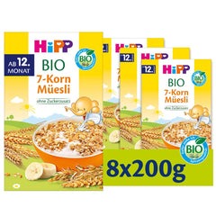 HiPP organiczne musli z 7 ziarnami (8 x 200 g), od 12 miesiąca życia, bez dodatku cukru, bardzo drobne kawałki - łatwe do żucia, najlepsza jakość organiczna