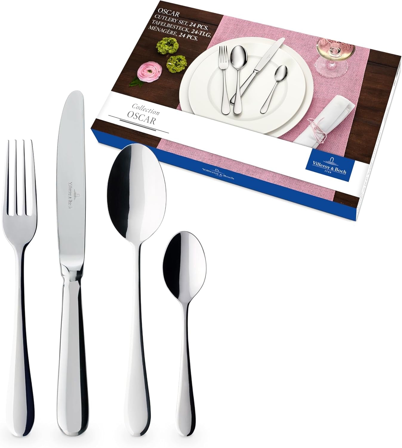 Villeroy & Boch – Oscar Tafelbesteck 24 Teilig 6 Personen, Spülmaschinenfest, Rostfrei, Besteck Set, Essbesteck, Messer Gabel Löffel Set, Zestaw sztućców, Besteckset Edelstahl, Edelstahl Kitchen Naty Shop Single 24-Teilig
