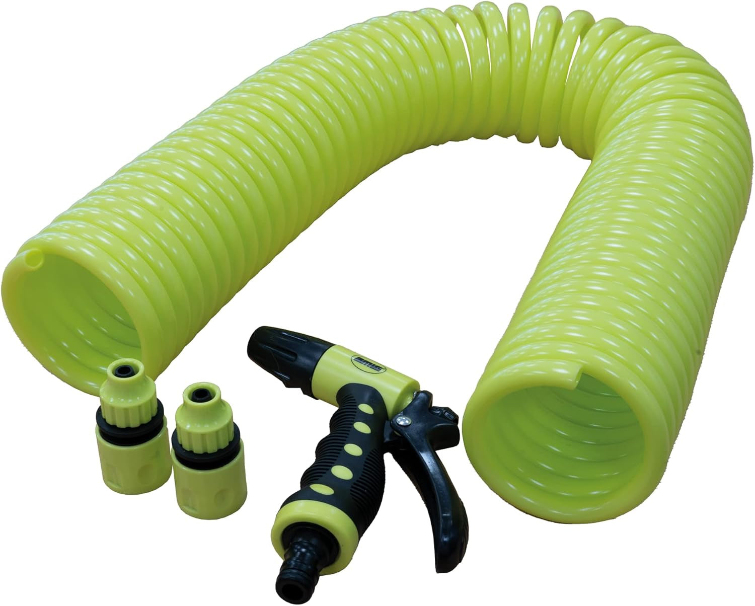 Amig - Furtun | Spiral | 15 m | Include 4 accesorii | Cu pistol de udare, adaptor pentru robinet și 2 cuplaje rapide | Cauciuc EVA | Verde fistic