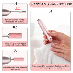 BLESWIN 100 bucăți benzi de șlefuit mici pentru burghie de unghii, granulație fină 240 cu 2 bucăți burghiu de 3 mm, mini benzi de șlefuit pentru lustruirea unghiilor naturale și curățarea cuticulelor pentru pregătire, roz