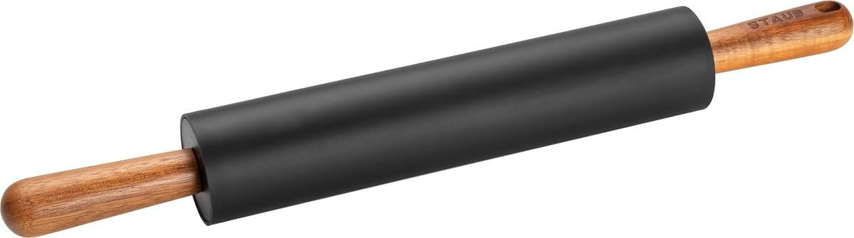 STAUB Teigroller, Nudelholz, Länge: 45 cm, Rollbreite: 26 cm, Schwarzes niezawierający BPA Silikon und Akazienholz, Ergonomischer Griff, Schwarzes und Braun