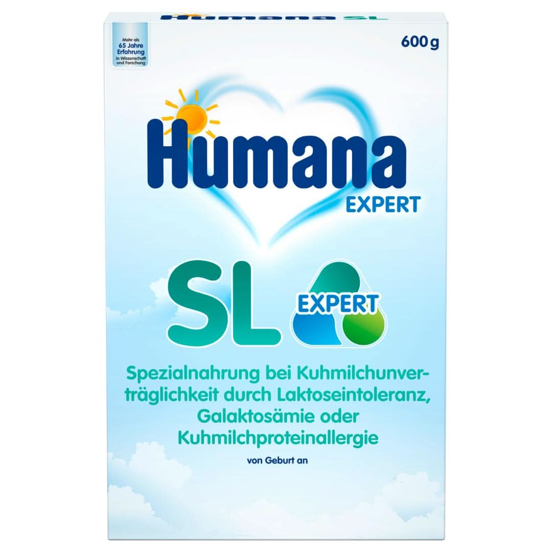 Humana SL Expert, od urodzenia, specjalny pokarm w przypadku nietolerancji mleka krowiego spowodowanej nietolerancją laktozy, galaktozemią lub alergią na białko mleka krowiego, dla niemowląt i małych dzieci, 600 G Sklep dla Matki i Dziecka Naty Shop
