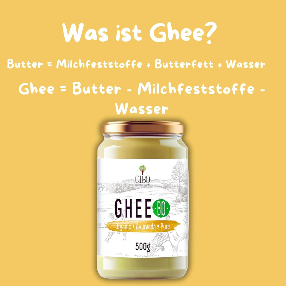 Cibo Bio Ghee 500g – Milch aus Parma und Reggio Emilia – Hergestellt in Italy – Weidekühe – Rauchpunkt 250°C – Aus Centrifugensahne