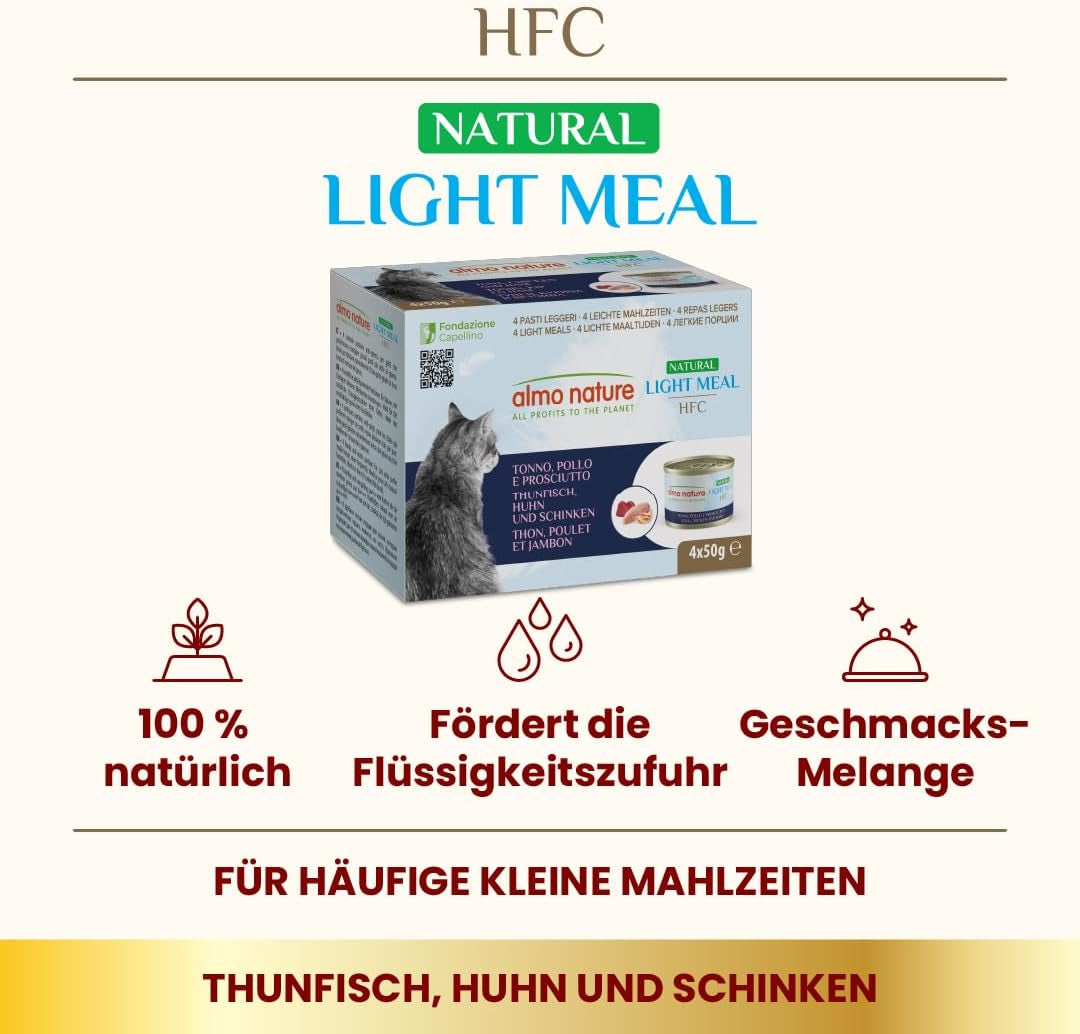 Almo Nature HFC Natural Light Meal - Nassfutter für Katzen - Thunfisch, Huhn & Schinken - Human-Grade, Glutenfrei - 50g, 4er Pack