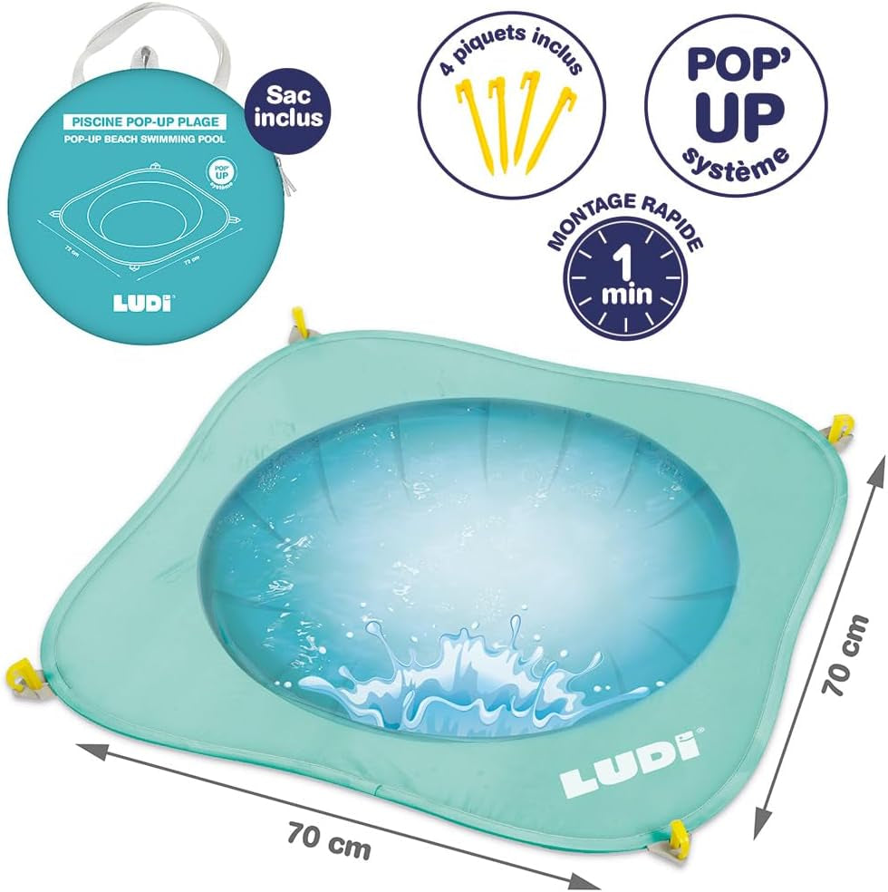 LUDI - Basen składany - Na plażę - Przenośny basen dla najmłodszych - Torba do przenoszenia i klipsy mocujące - Łatwy w montażu i przechowywaniu - Od 10 miesiąca, Turkusowy