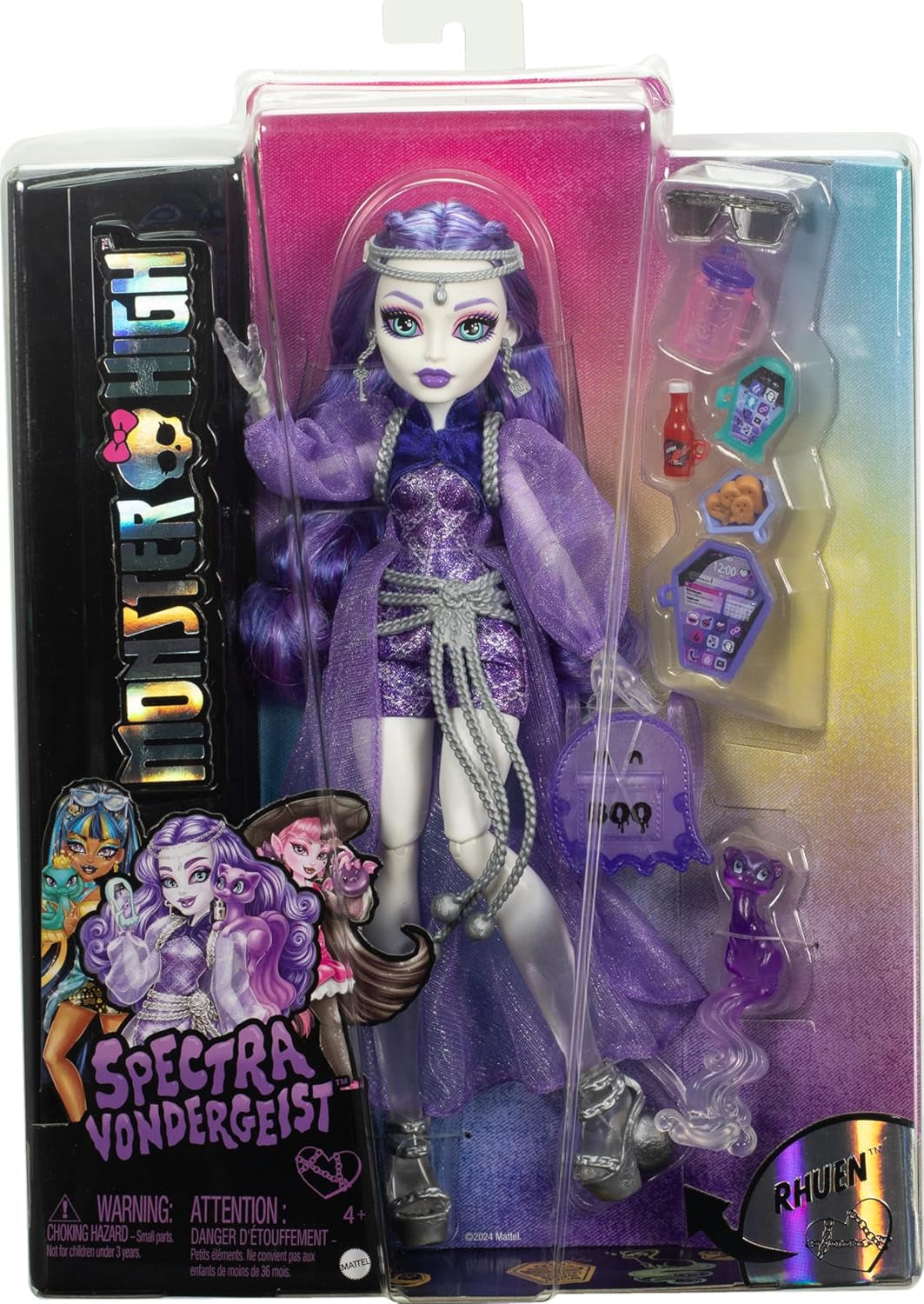 Lalka Monster High Spectra Vondergeist z fretką Rhuen i akcesoriami, takimi jak plecak, tablet, przekąski i inne, lalki HXH77 Naty Shop
