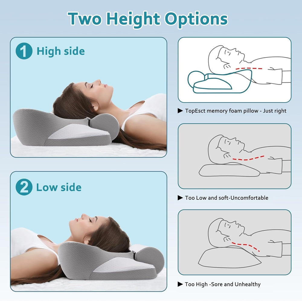 Pernă din spumă cu memorie TopEsct, pernă pentru dormit pe o parte, pernă pentru gât, pernă pentru cap pentru cei care dorm pe o parte și pe spate (gri)