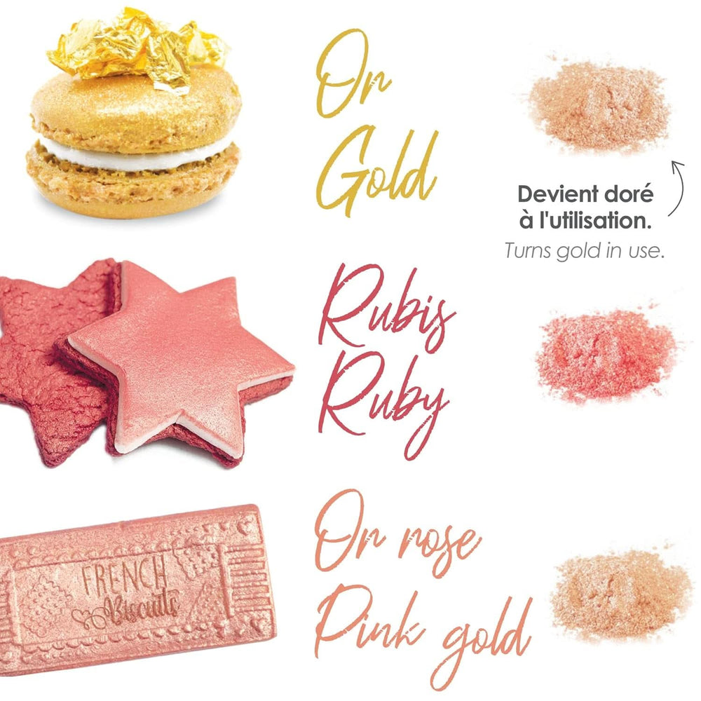 ScrapCooking, zestaw 3 barwników spożywczych, złoty, różowo-złoty i rubinowy, odcienie metaliczne, 3 x 5 gramów Naty Shop