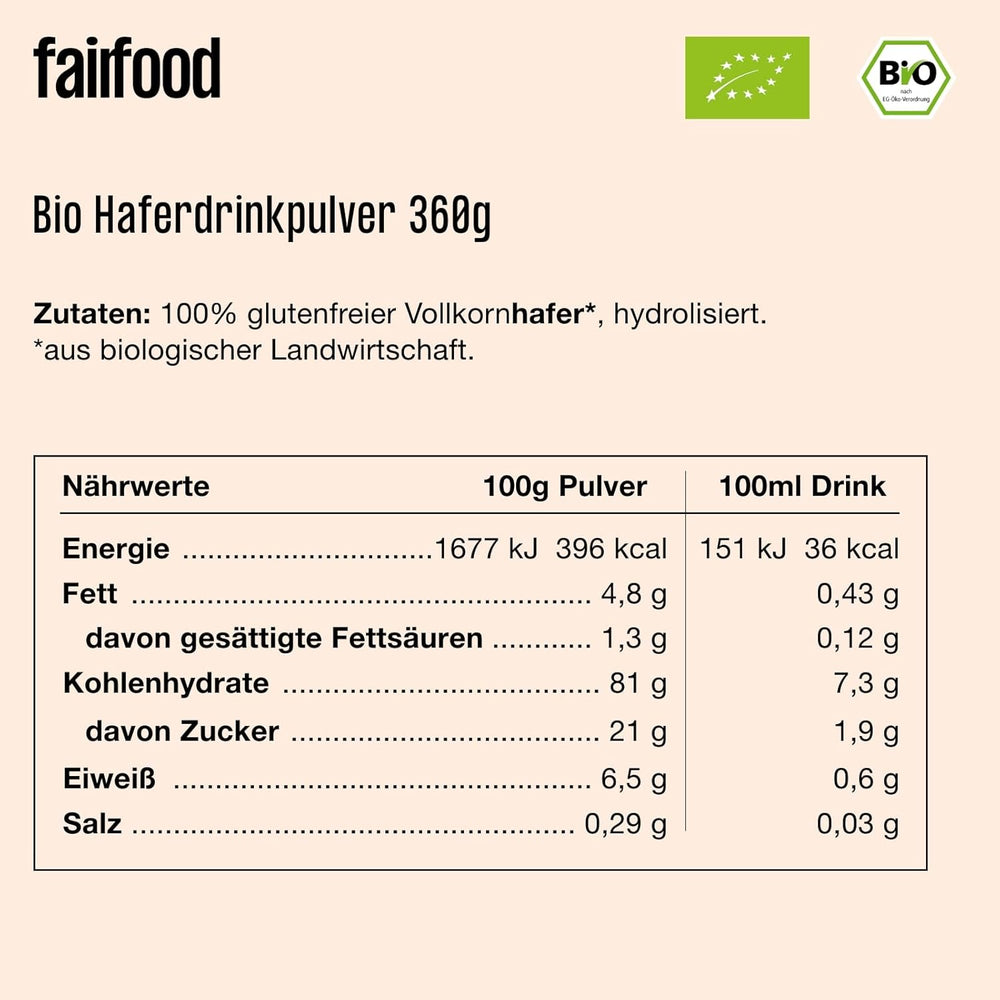 Fairfood Bio Haferdrink Pulver 360g - nachhaltige Milchalternative - wegańskie, bezglutenowe i ohne Öl - bis zu 4L Haferdrink - zum Selbermischen - 100% Bio-Vollkornhafer
