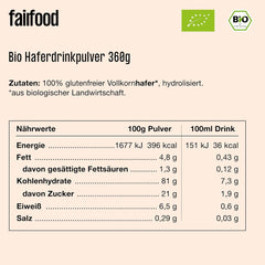 Fairfood Bio Haferdrink Pulver 360g - nachhaltige Milchalternative - wegańskie, bezglutenowe i ohne Öl - bis zu 4L Haferdrink - zum Selbermischen - 100% Bio-Vollkornhafer