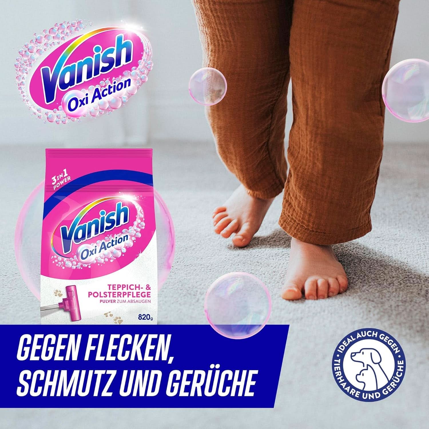 Proszek do czyszczenia dywanów i tapicerki Vanish Oxi Action - 1 X 820 G - Czyści duże powierzchnie dywanów i tapicerki z brudu, zapachu i kurzu. Detergenty do prania Naty Shop