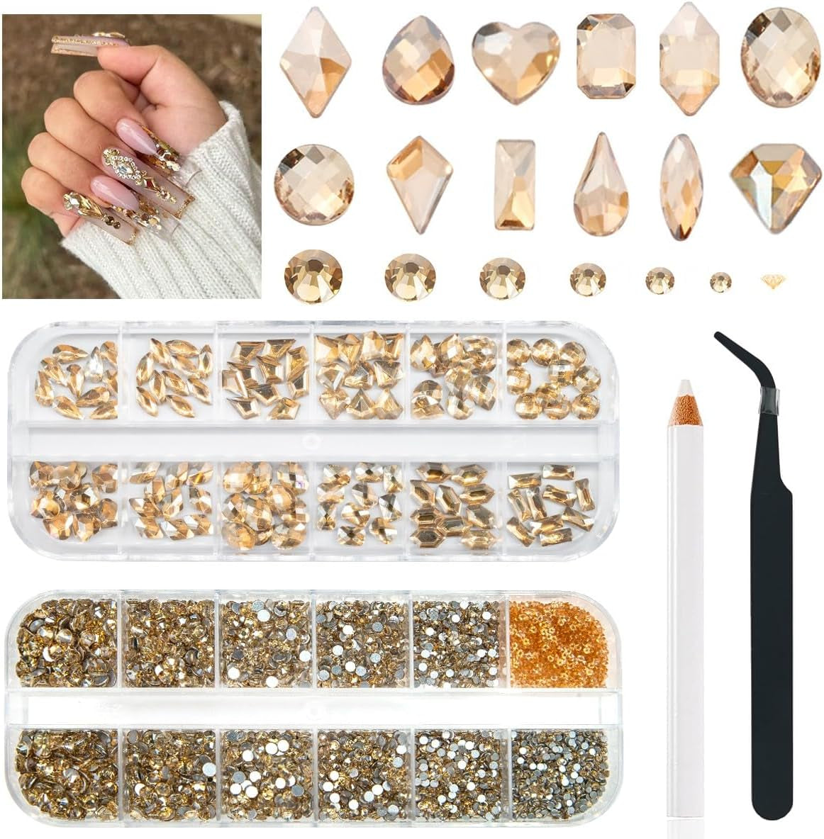 2630 buc pietre strălucitoare cristal AB pentru unghii, 120 pietre strălucitoare mari de 12 tipuri + 2510 pietre rotunde din sticlă K9 de 6 dimensiuni pentru unghii, strasuri, design de unghii, brelocuri pentru unghii pentru arta feței