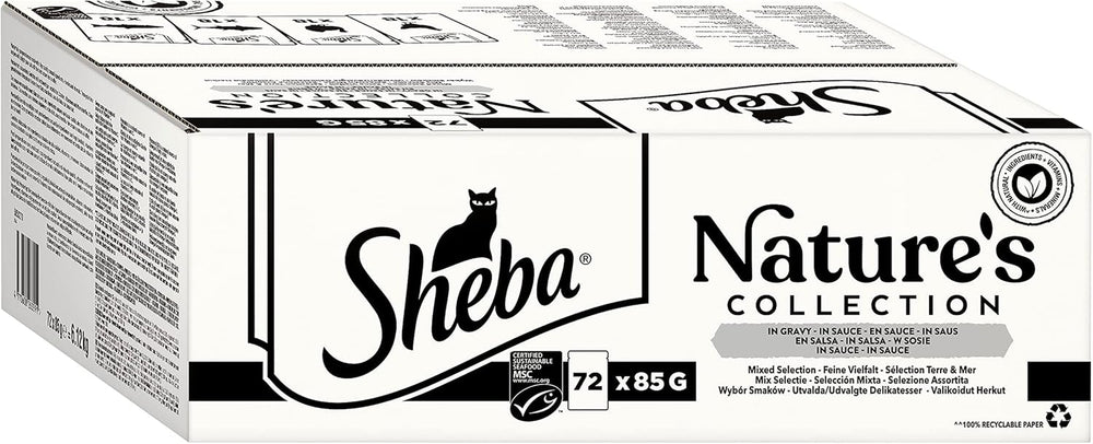 Colecția SHEBA Nature's în sos - Hrană umedă de înaltă calitate pentru pisici, varietate fină (MSC) în pliculețe porționate - 72 x 85g