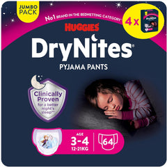 Huggies DryNites Super chłonne pieluszki na noc dla dziewczynek 3–4 lata (12–21 kg) 4 x 16 szt. (łącznie 64 szt.) Miesięczny zestaw majtek