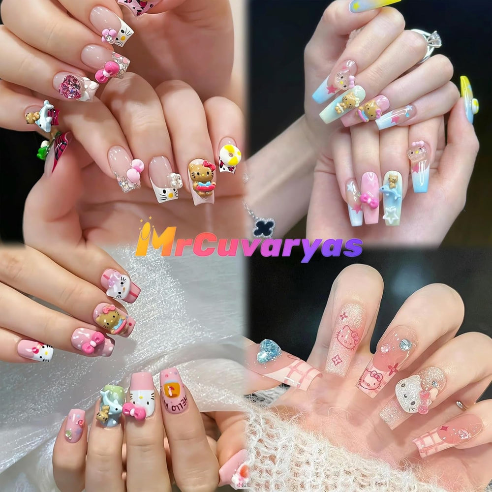 Talisoane 3D pentru unghii cu pisici, sclipici pentru unghii, paiete, talisoane pentru unghii din rășină, pietre prețioase pentru unghii, diamante pentru nail art, inclusiv stick de ceară pentru unghii cu strasuri (pisică colorată)