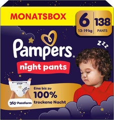 Pampers Night Pants rozmiar 6, 138 sztuk, 13kg-19kg, zapewniają dodatkową ochronę przez całą noc.