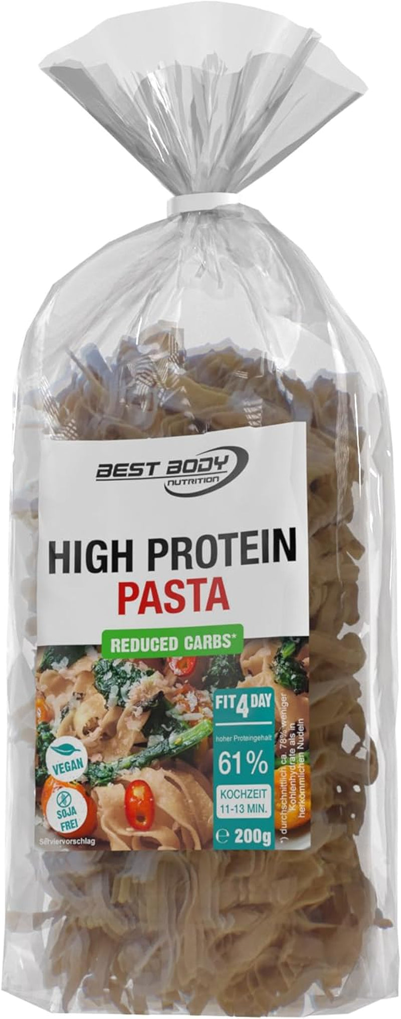 Best Body Nutrition Pasta proteinowa 6 x 200 g - Fit4Day High Protein Tagliatelle - 61% białka, niskowęglowodanowe, wegańskie i bez laktozy, bez soi - wysokiej jakości białko grochu - dla diet niskowęglowodanowych