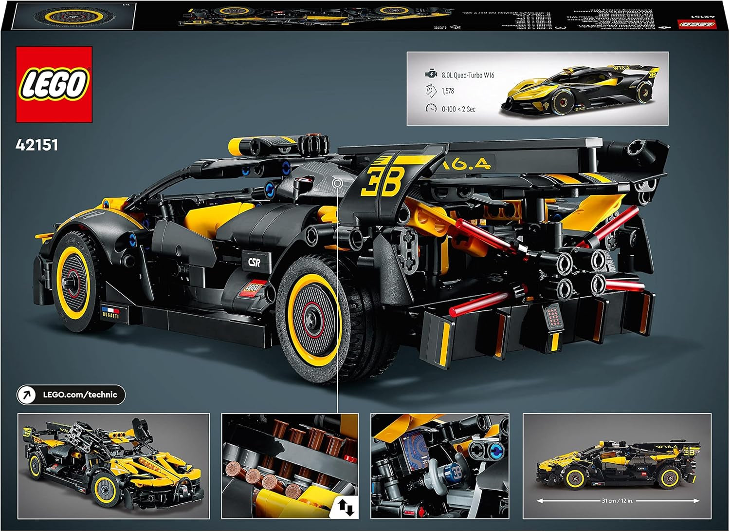 LEGO Technic Samochód wyścigowy Bugatti, zestaw modeli do składania samochodów, zabawkowy samochód sportowy, kultowy zestaw samochodów kolekcjonerskich, zabawki do budowania od 9 lat 42151 Zestawy konstrukcyjne Besuche w sklepie LEGO