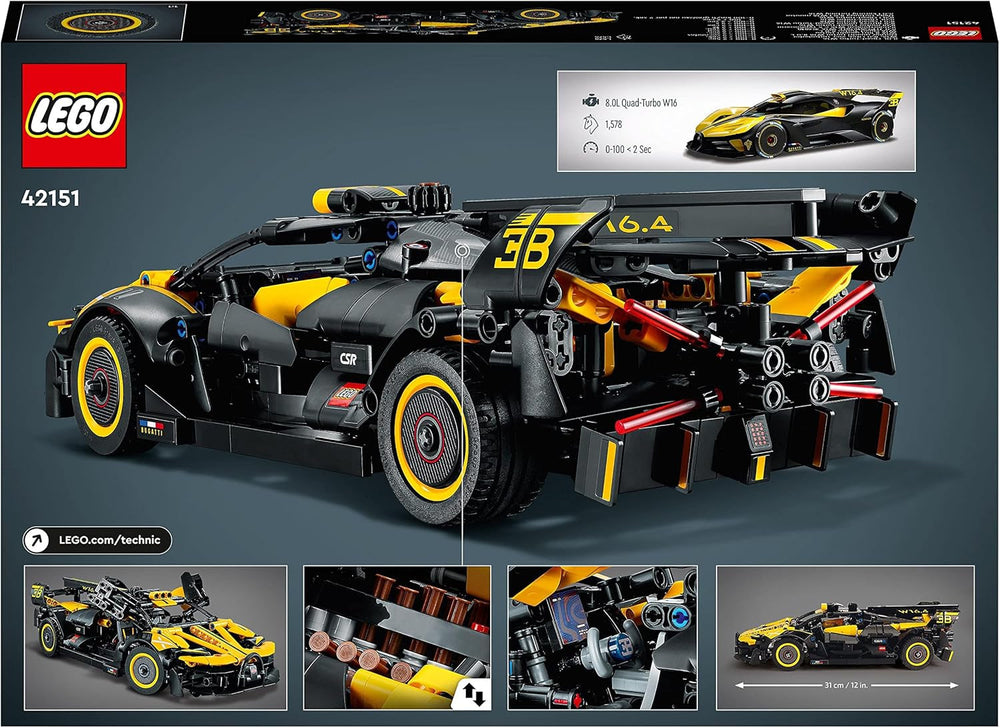 LEGO Technic Samochód wyścigowy Bugatti, zestaw modeli do składania samochodów, zabawkowy samochód sportowy, kultowy zestaw samochodów kolekcjonerskich, zabawki do budowania od 9 lat 42151 Zestawy konstrukcyjne Besuche w sklepie LEGO